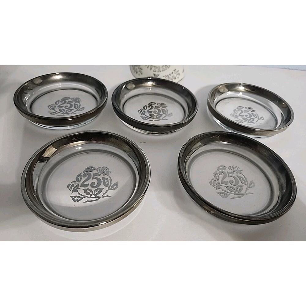 VINTAGE MCM QUEEN'S LUSTERWARE 25TH ANNIVERSARY 5 COASTERS & Bell